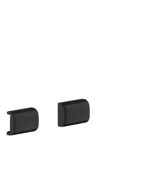 Zwei schwarze Abdeckungen von AXOR, eine mit offener Seite und eine flache, zur Verwendung an einer Reling. Minimalistisches Design, geeignet für verschiedene Anwendungen.
